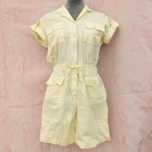 Vintage 80s Cotton Utility Romper M Yellow Button Up Safari Cuffed Roll Sleeve